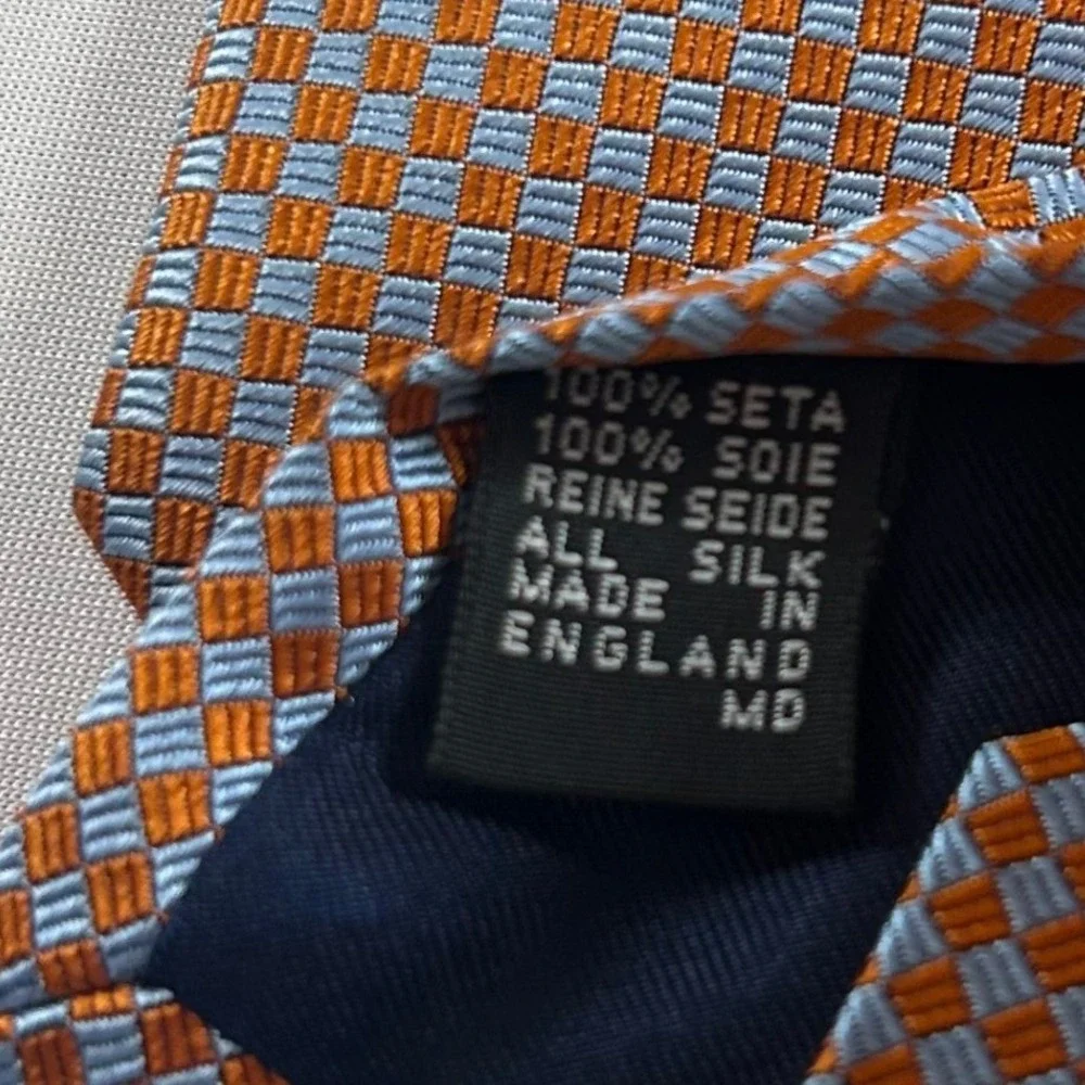 Drakes London Barneys New York Tie Mens Orange Blue Silk Check Handmade England